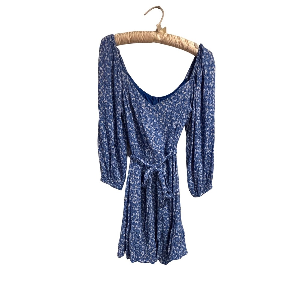 B. Darlin Blue White Floral Mini Dress Long Balloon Sleeve Ruffle Hem Size 9/10